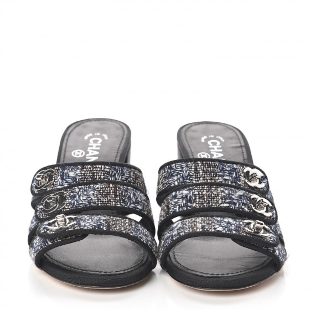 CHANEL cc turnlock Tweed Grosgrain Sandals 37 Black Blue